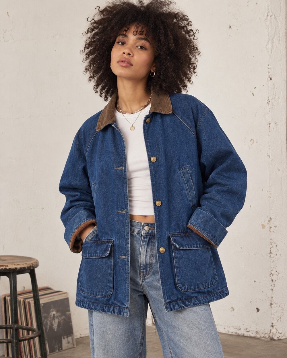 Basic Editions Vintage Denim Chore Barn Jacket Blue w/ Brown Corduroy Collar XL
